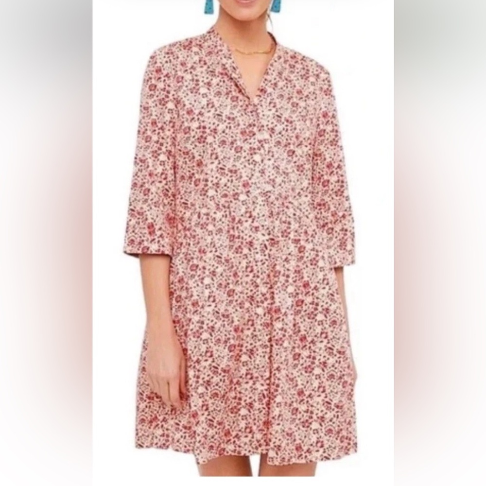 Tuckernuck Vermillion Ditsy Royal Shirt Dress Red and Cream Floral Pattern xs